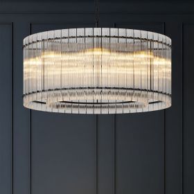 37" Modern Black Round Chandelier,2-Tier 8-Light Water Ripple Crystal Glass Chandeliers,for Dining Room,Living Room,Bedroom,High Ceiling