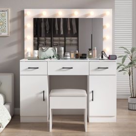 Vanity Desk Set with Large Lighted Mirror and Powre Outlet, Glass Top Makeup Vanity with 3 Drawers and 2 Cabinets, Vanity Table with 12 LED Light