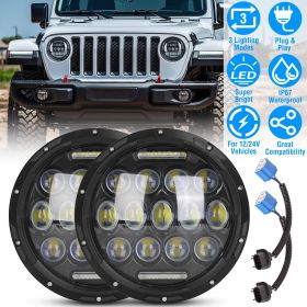 2Pcs 7In 75W Round LED Headlight 3500LM Halo Car Headlamp with DRL High Low Beam for Jeep Wrangler TJ JK CJ with H4 to H13 Adapters Plug and Play